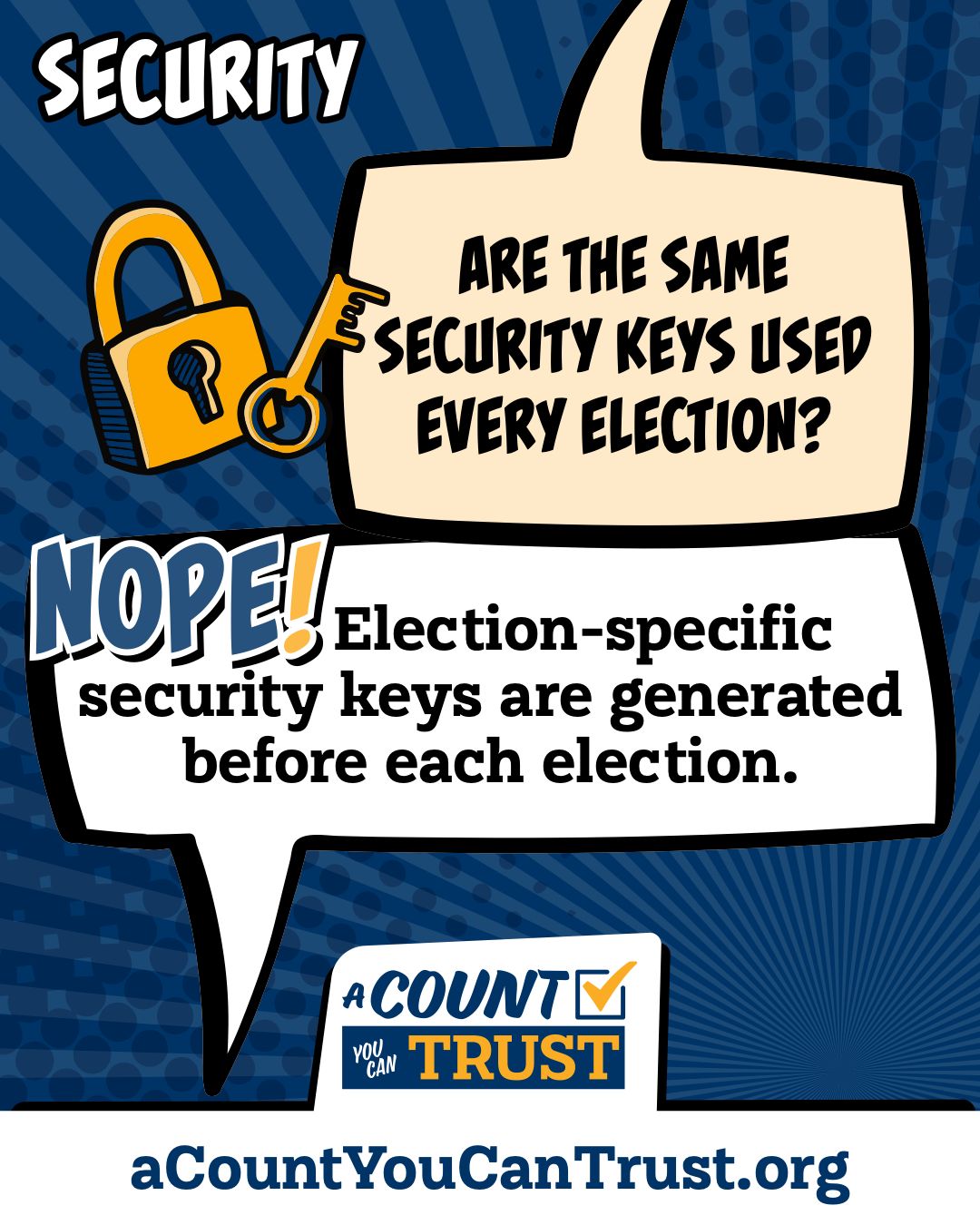 Security. Are the same security keys used every election? Nope! Election-specific security keys are generated before each election.