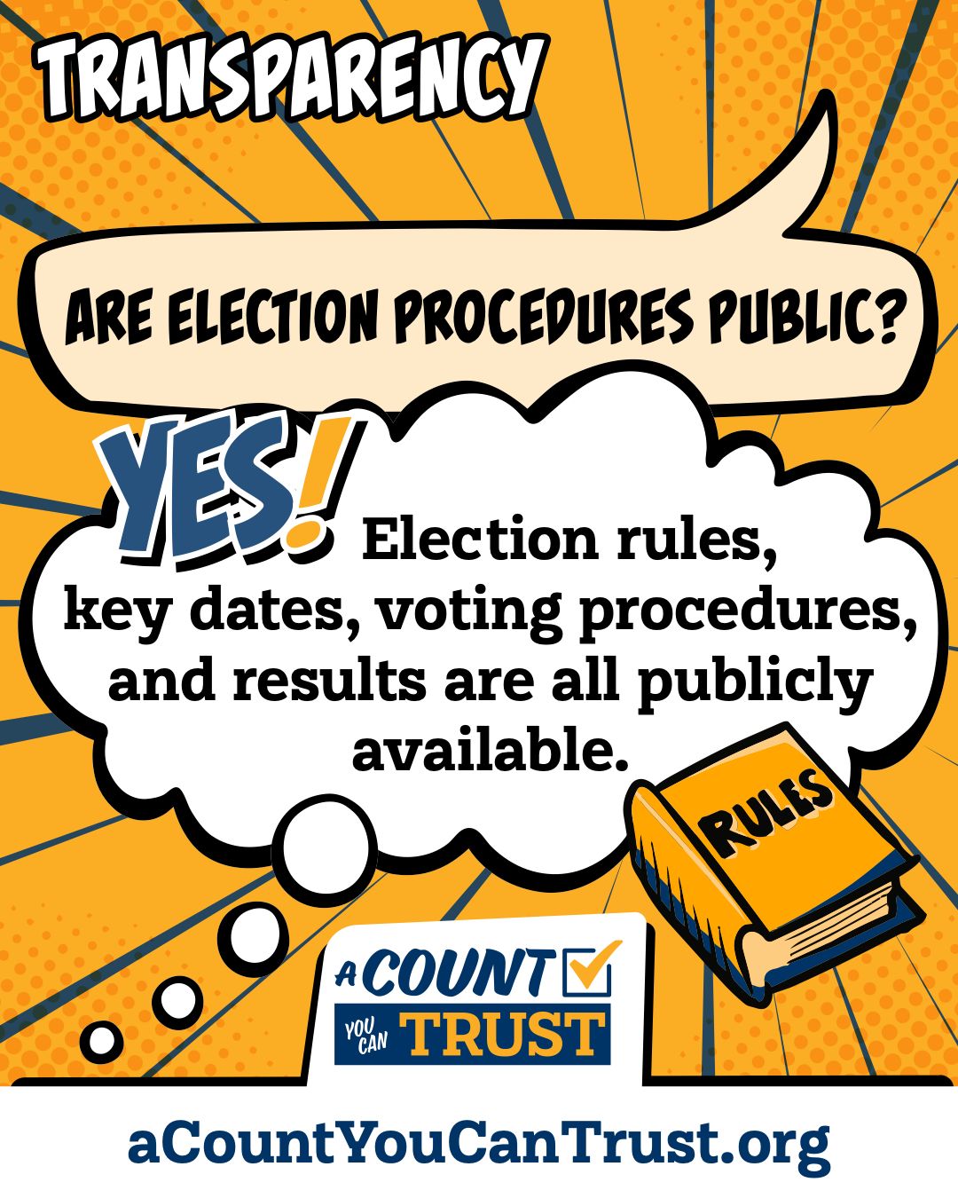 Transparency. Are election procedures public? Yes! Election rules, key dates, voting procedures, and results are all publicly available.