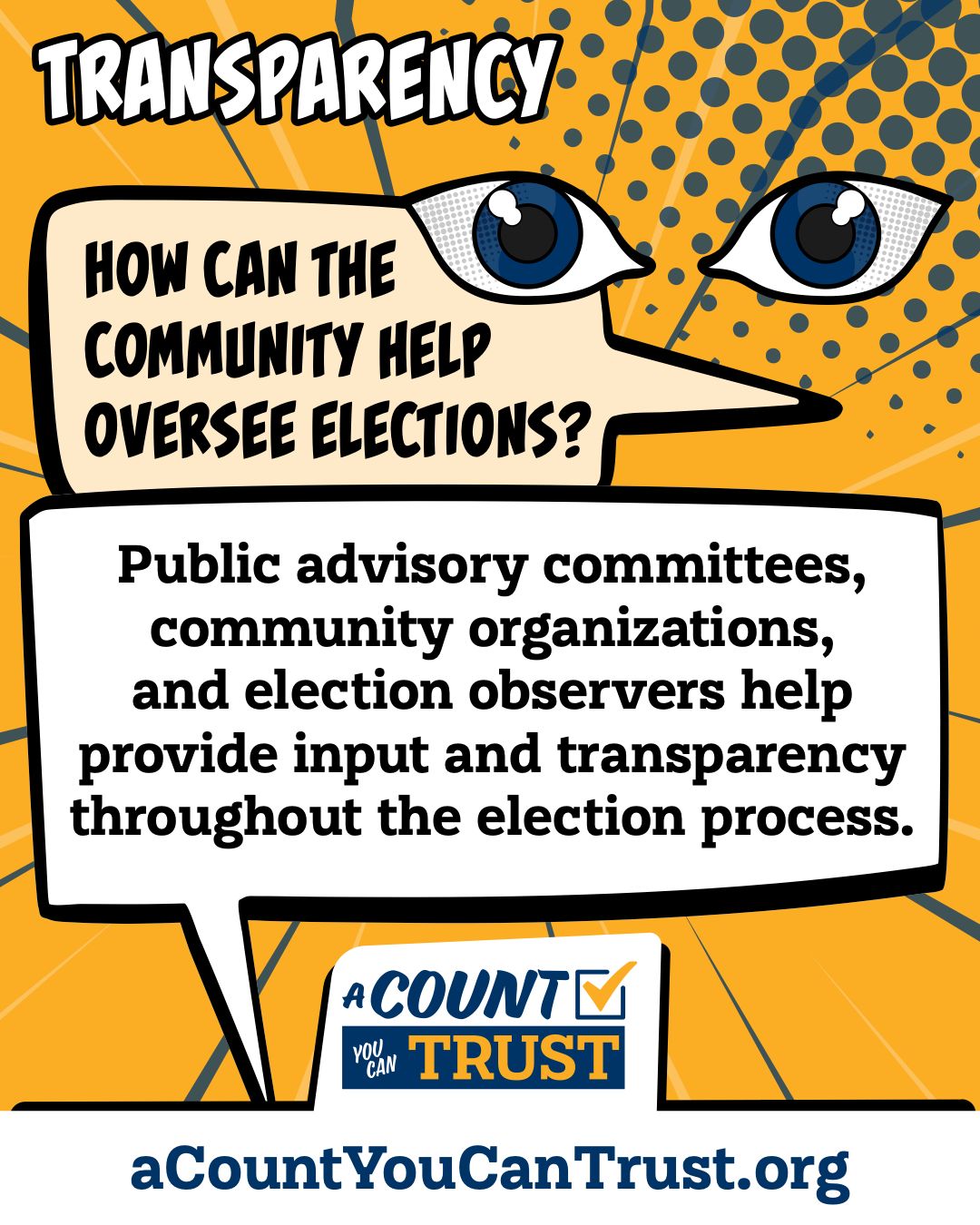 Transparency. How can the community help oversee elections? Public advisory committees, community organizations, and election observers help provide input and transparency throughout the election process.