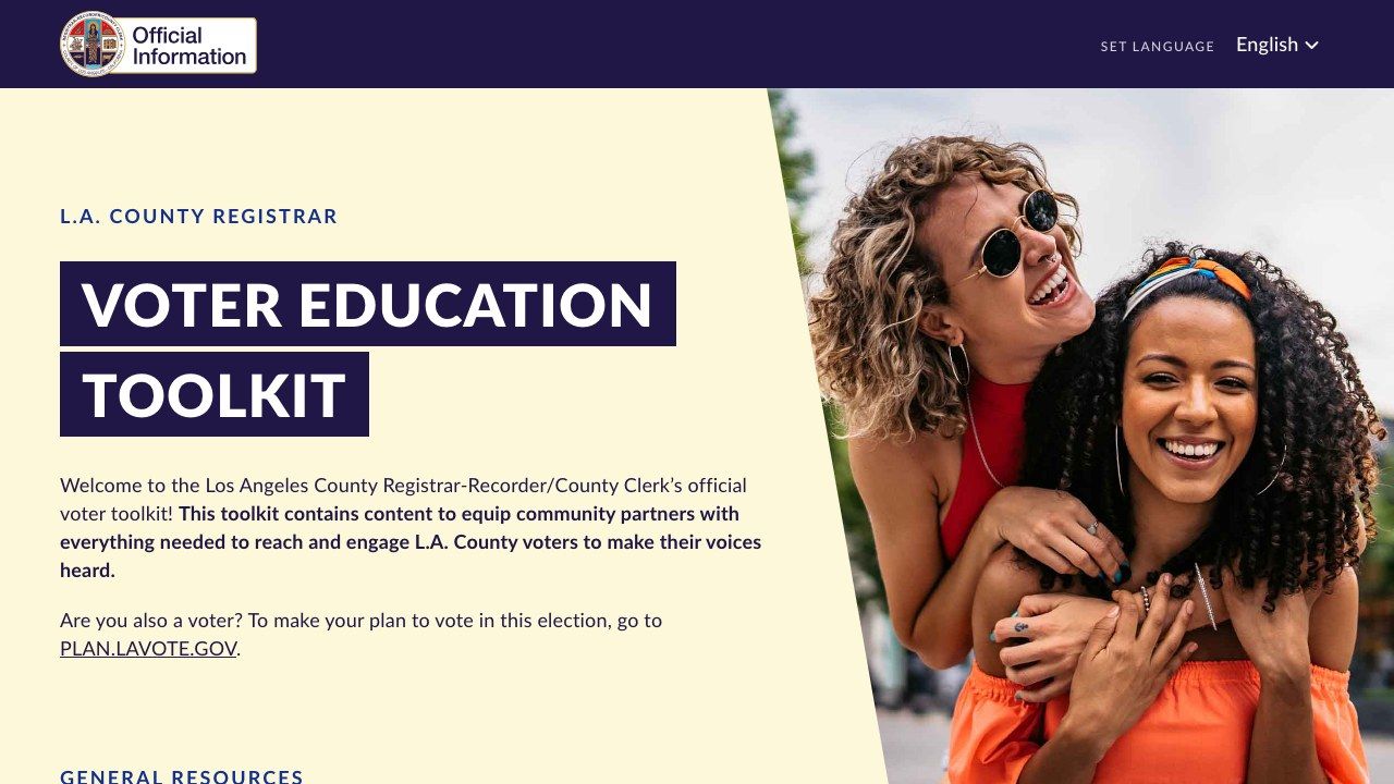 The home page of the Los Angeles County Registrar's Voter Education Toolkit.